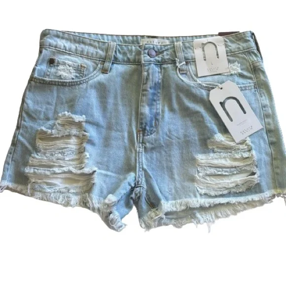 NWT Nature Denim Boutique High Rise Distressed Shorts Blue Size L - Picture 1 of 6